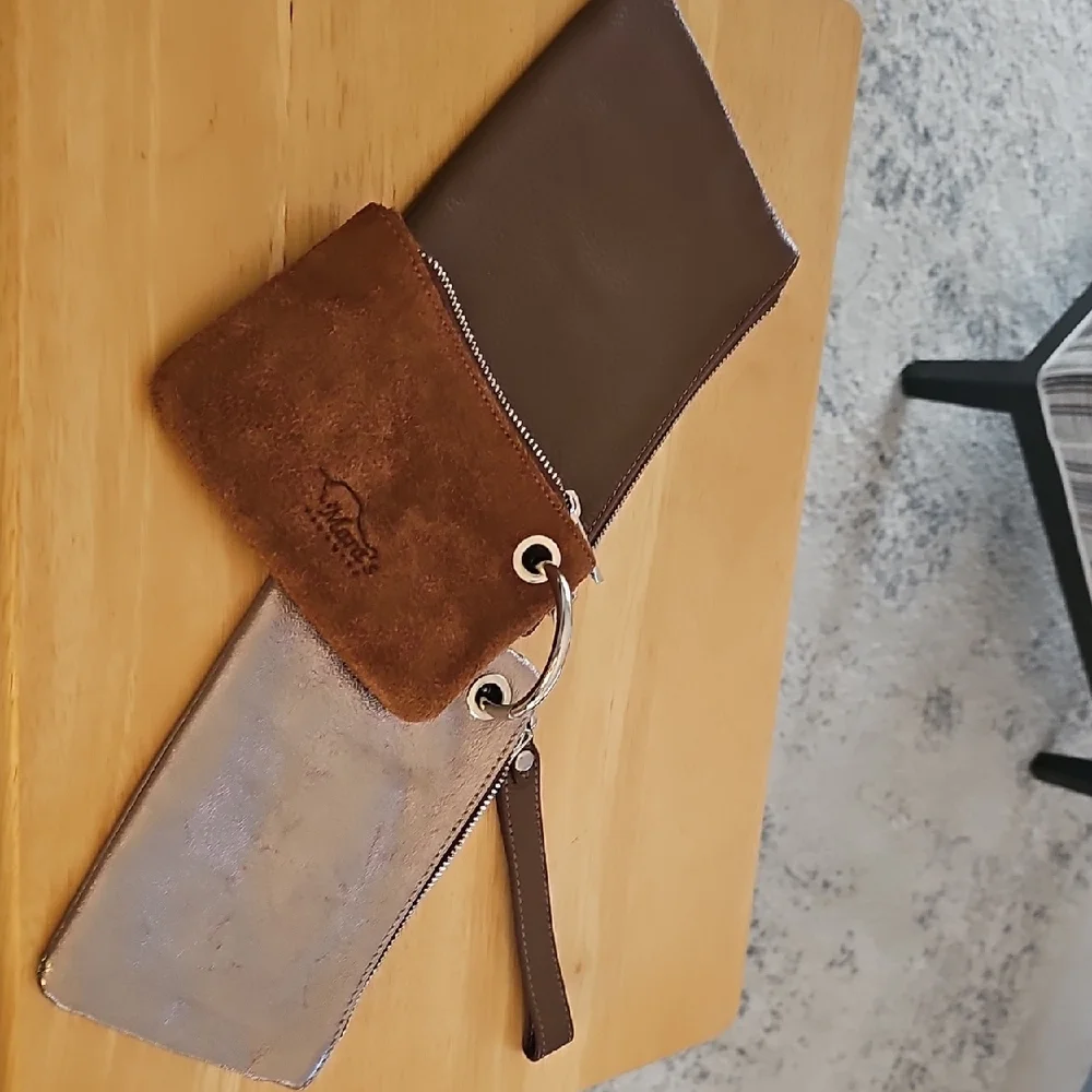 Brown Leather and Suede Zippered Pouchees. Conected With Key Ring.